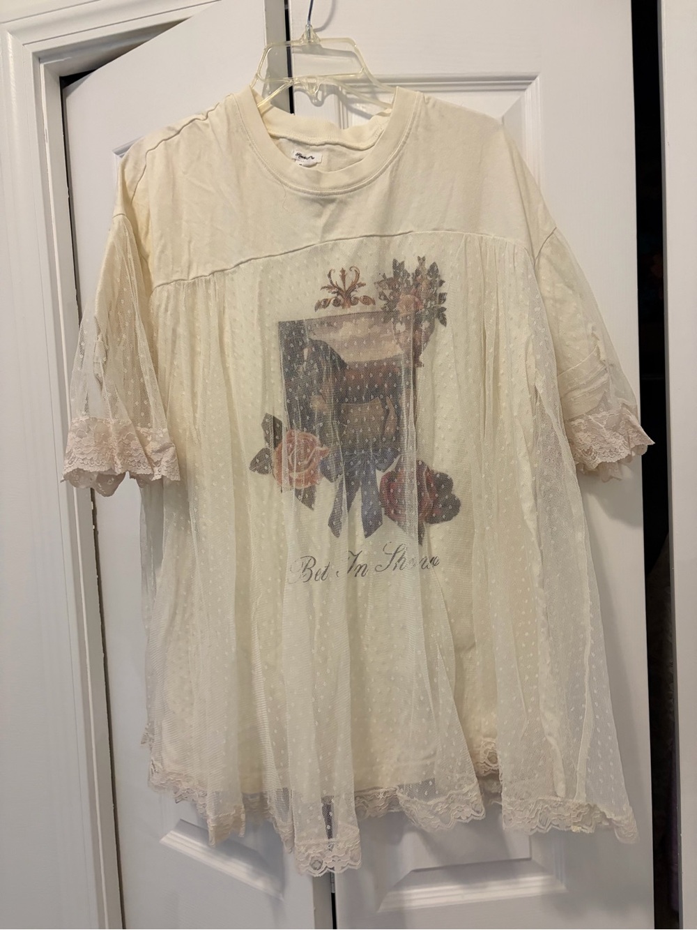 Kimchi Blue Cream Sheer Lace-Overlay Floral Graphic Top